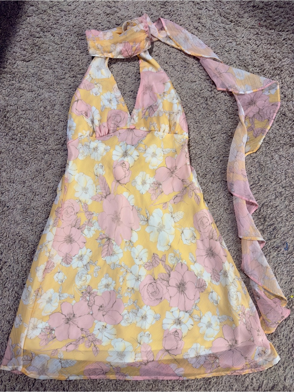 Yellow & Pink Floral Halter Mini Dress